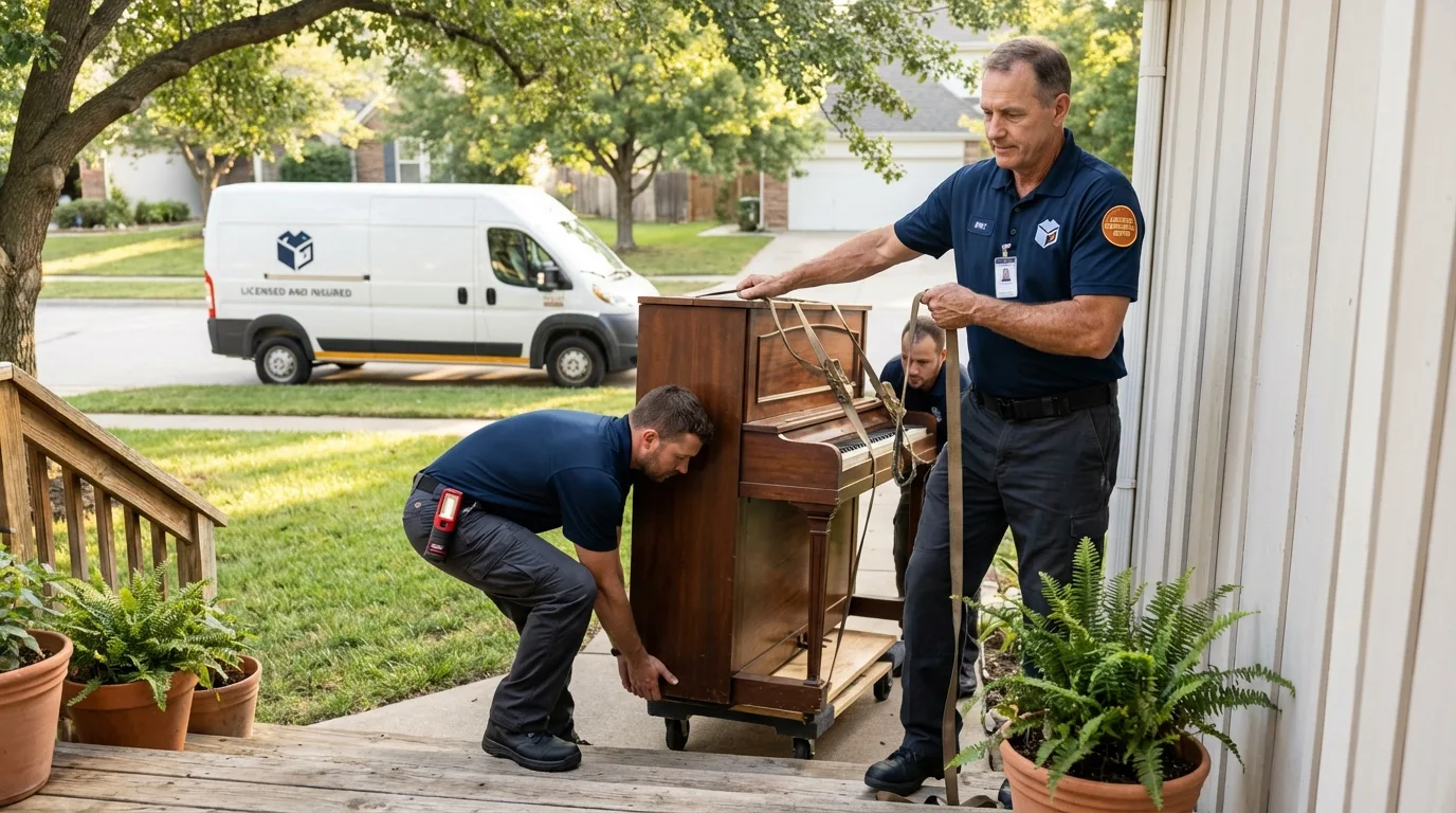 Licensed piano movers securing grand piano in Winston, OR