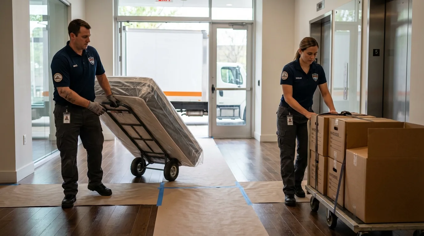 Professional apartment movers loading elevator in Winston, OR